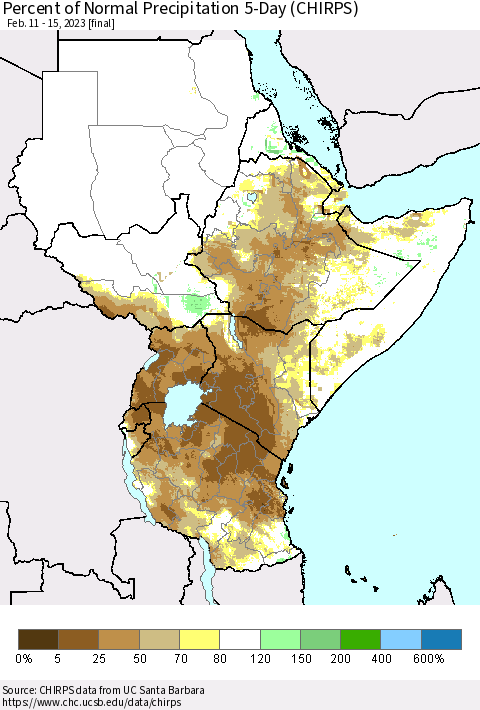 Eastern Africa Percent of Normal Precipitation 5-Day (CHIRPS) Thematic Map For 2/11/2023 - 2/15/2023