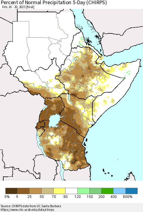 Eastern Africa Percent of Normal Precipitation 5-Day (CHIRPS) Thematic Map For 2/16/2023 - 2/20/2023