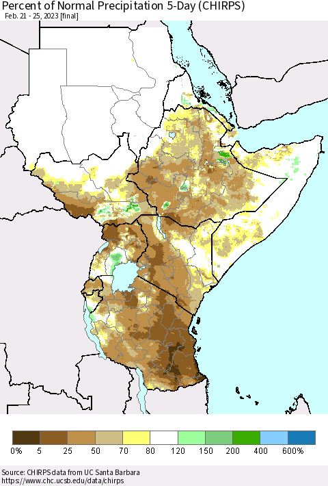 Eastern Africa Percent of Normal Precipitation 5-Day (CHIRPS) Thematic Map For 2/21/2023 - 2/25/2023