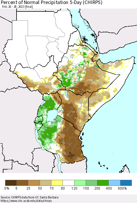 Eastern Africa Percent of Normal Precipitation 5-Day (CHIRPS) Thematic Map For 2/26/2023 - 2/28/2023