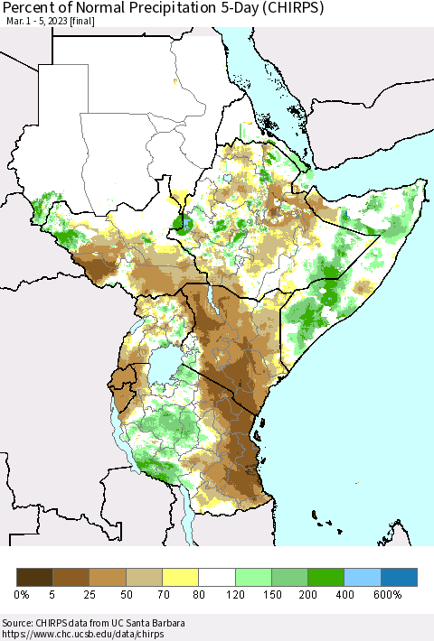 Eastern Africa Percent of Normal Precipitation 5-Day (CHIRPS) Thematic Map For 3/1/2023 - 3/5/2023