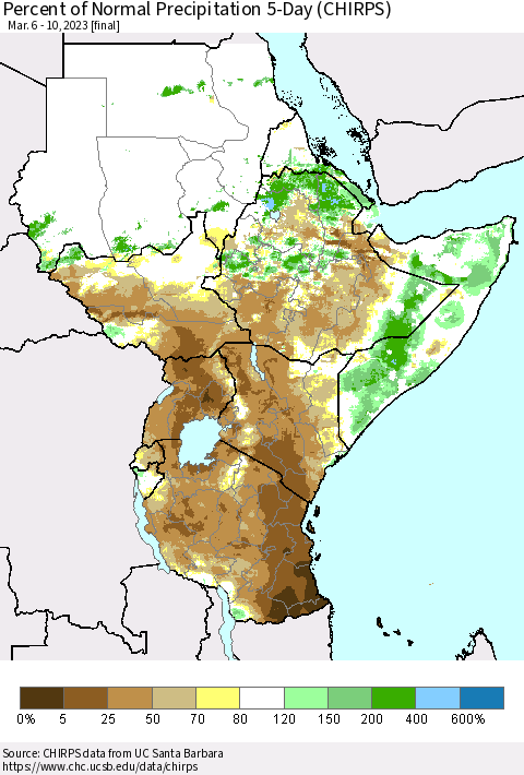 Eastern Africa Percent of Normal Precipitation 5-Day (CHIRPS) Thematic Map For 3/6/2023 - 3/10/2023