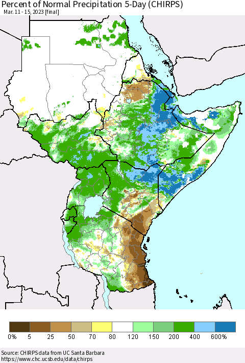 Eastern Africa Percent of Normal Precipitation 5-Day (CHIRPS) Thematic Map For 3/11/2023 - 3/15/2023