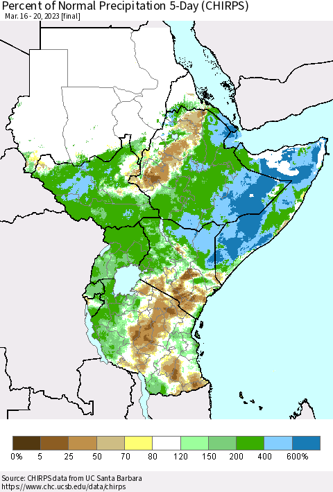 Eastern Africa Percent of Normal Precipitation 5-Day (CHIRPS) Thematic Map For 3/16/2023 - 3/20/2023