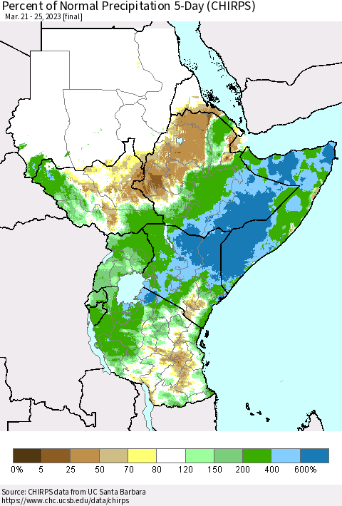 Eastern Africa Percent of Normal Precipitation 5-Day (CHIRPS) Thematic Map For 3/21/2023 - 3/25/2023