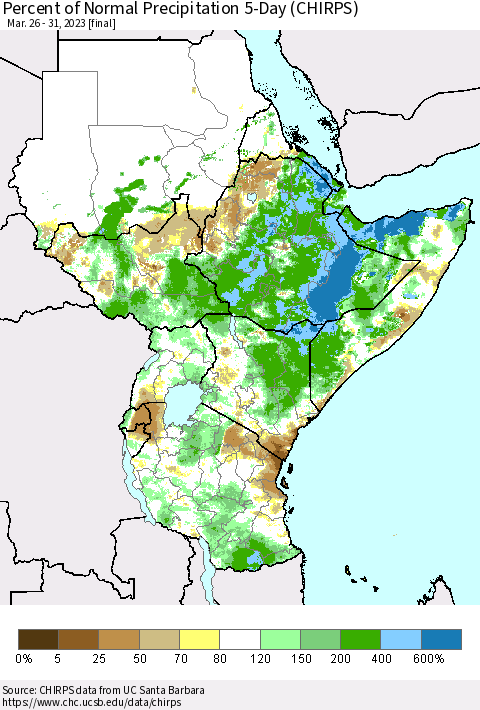 Eastern Africa Percent of Normal Precipitation 5-Day (CHIRPS) Thematic Map For 3/26/2023 - 3/31/2023