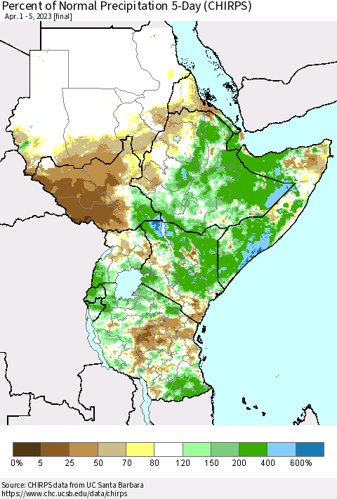 Eastern Africa Percent of Normal Precipitation 5-Day (CHIRPS) Thematic Map For 4/1/2023 - 4/5/2023