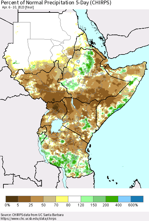 Eastern Africa Percent of Normal Precipitation 5-Day (CHIRPS) Thematic Map For 4/6/2023 - 4/10/2023