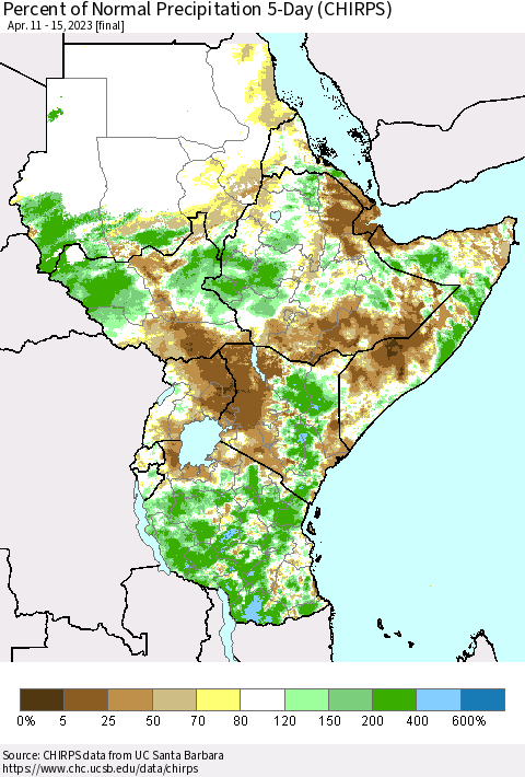 Eastern Africa Percent of Normal Precipitation 5-Day (CHIRPS) Thematic Map For 4/11/2023 - 4/15/2023