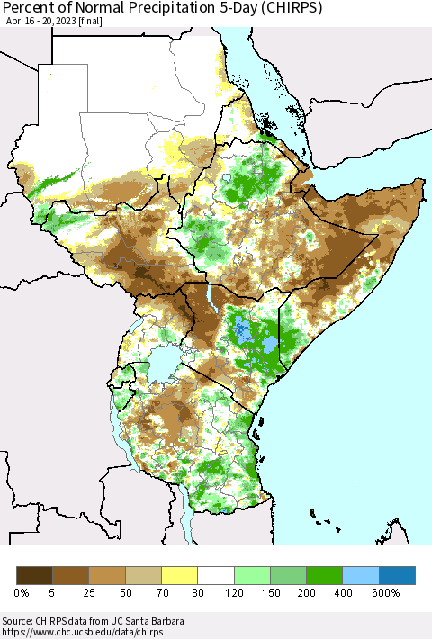 Eastern Africa Percent of Normal Precipitation 5-Day (CHIRPS) Thematic Map For 4/16/2023 - 4/20/2023