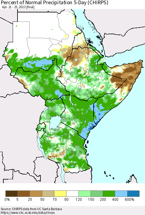 Eastern Africa Percent of Normal Precipitation 5-Day (CHIRPS) Thematic Map For 4/21/2023 - 4/25/2023