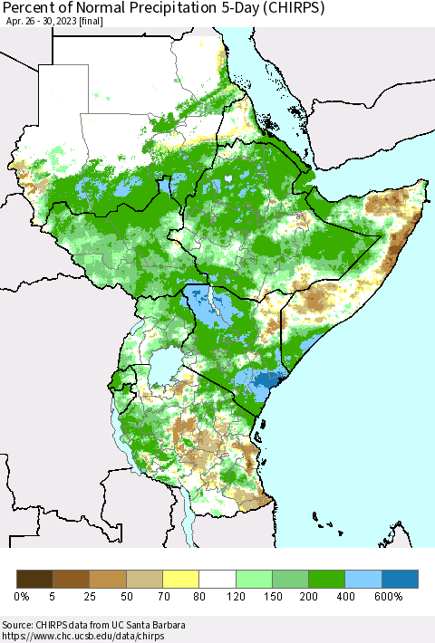 Eastern Africa Percent of Normal Precipitation 5-Day (CHIRPS) Thematic Map For 4/26/2023 - 4/30/2023