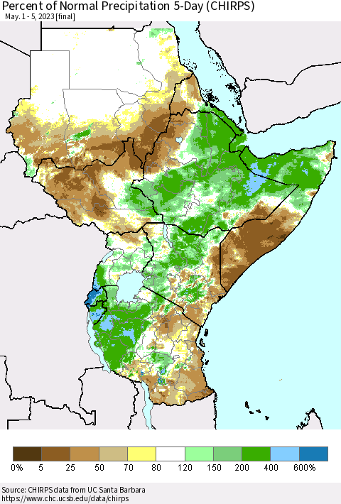 Eastern Africa Percent of Normal Precipitation 5-Day (CHIRPS) Thematic Map For 5/1/2023 - 5/5/2023