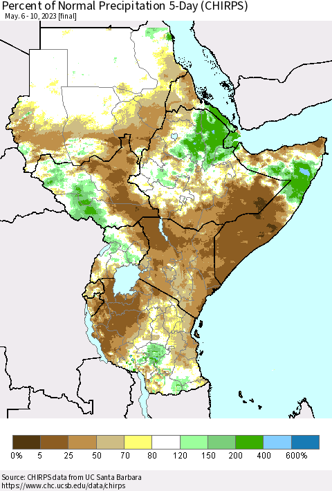Eastern Africa Percent of Normal Precipitation 5-Day (CHIRPS) Thematic Map For 5/6/2023 - 5/10/2023