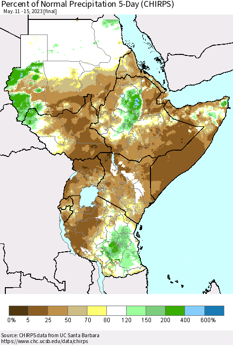 Eastern Africa Percent of Normal Precipitation 5-Day (CHIRPS) Thematic Map For 5/11/2023 - 5/15/2023