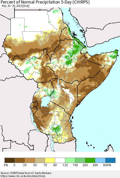 Eastern Africa Percent of Normal Precipitation 5-Day (CHIRPS) Thematic Map For 5/16/2023 - 5/20/2023