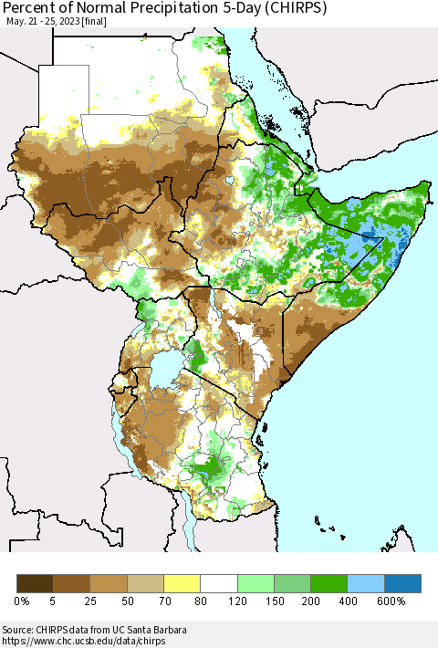 Eastern Africa Percent of Normal Precipitation 5-Day (CHIRPS) Thematic Map For 5/21/2023 - 5/25/2023