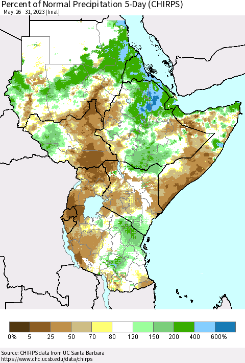 Eastern Africa Percent of Normal Precipitation 5-Day (CHIRPS) Thematic Map For 5/26/2023 - 5/31/2023