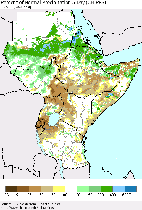 Eastern Africa Percent of Normal Precipitation 5-Day (CHIRPS) Thematic Map For 6/1/2023 - 6/5/2023
