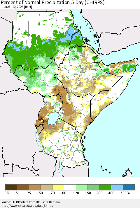 Eastern Africa Percent of Normal Precipitation 5-Day (CHIRPS) Thematic Map For 6/6/2023 - 6/10/2023
