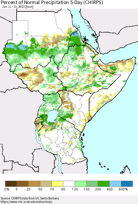 Eastern Africa Percent of Normal Precipitation 5-Day (CHIRPS) Thematic Map For 6/11/2023 - 6/15/2023