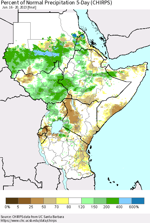 Eastern Africa Percent of Normal Precipitation 5-Day (CHIRPS) Thematic Map For 6/16/2023 - 6/20/2023
