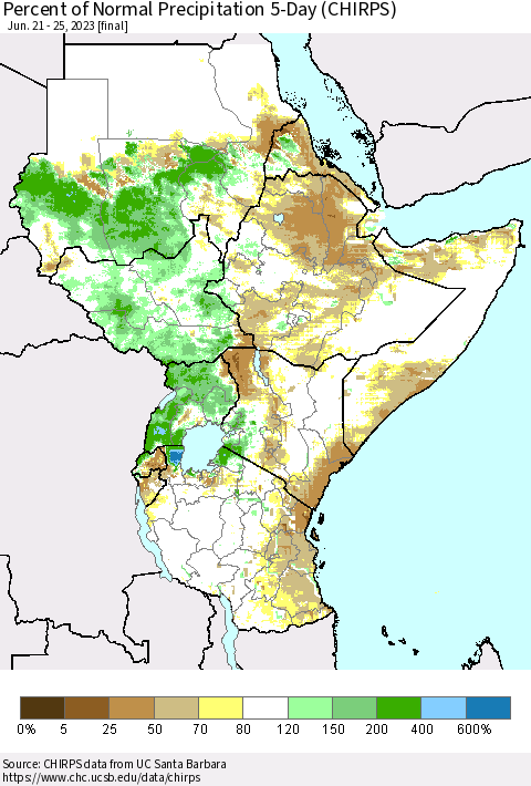 Eastern Africa Percent of Normal Precipitation 5-Day (CHIRPS) Thematic Map For 6/21/2023 - 6/25/2023