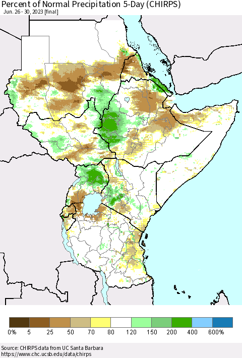 Eastern Africa Percent of Normal Precipitation 5-Day (CHIRPS) Thematic Map For 6/26/2023 - 6/30/2023