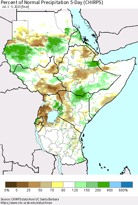 Eastern Africa Percent of Normal Precipitation 5-Day (CHIRPS) Thematic Map For 7/1/2023 - 7/5/2023