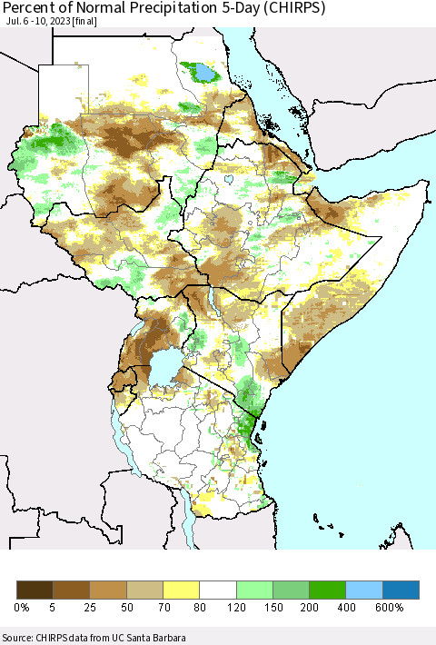 Eastern Africa Percent of Normal Precipitation 5-Day (CHIRPS) Thematic Map For 7/6/2023 - 7/10/2023