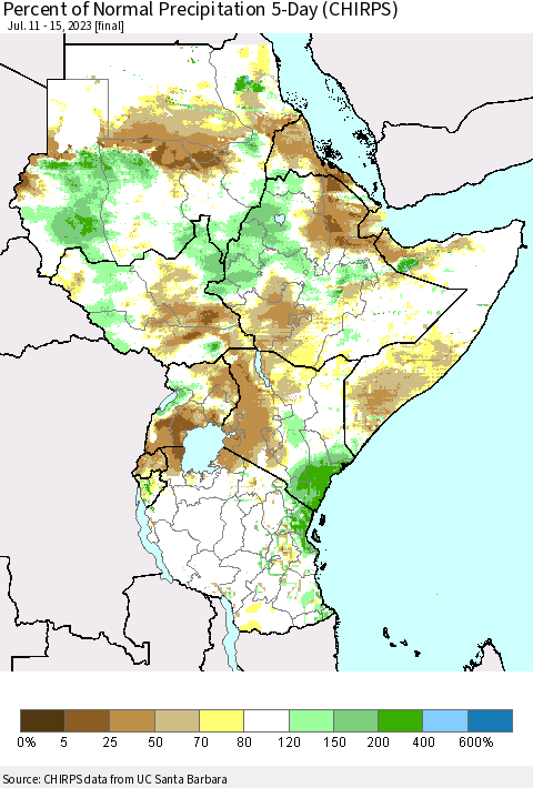 Eastern Africa Percent of Normal Precipitation 5-Day (CHIRPS) Thematic Map For 7/11/2023 - 7/15/2023