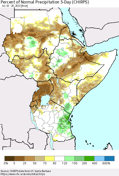 Eastern Africa Percent of Normal Precipitation 5-Day (CHIRPS) Thematic Map For 7/16/2023 - 7/20/2023
