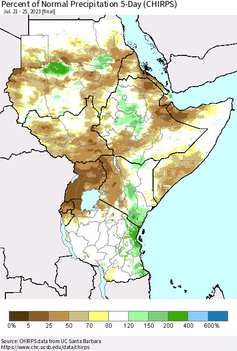 Eastern Africa Percent of Normal Precipitation 5-Day (CHIRPS) Thematic Map For 7/21/2023 - 7/25/2023