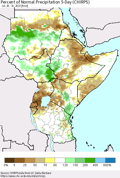 Eastern Africa Percent of Normal Precipitation 5-Day (CHIRPS) Thematic Map For 7/26/2023 - 7/31/2023