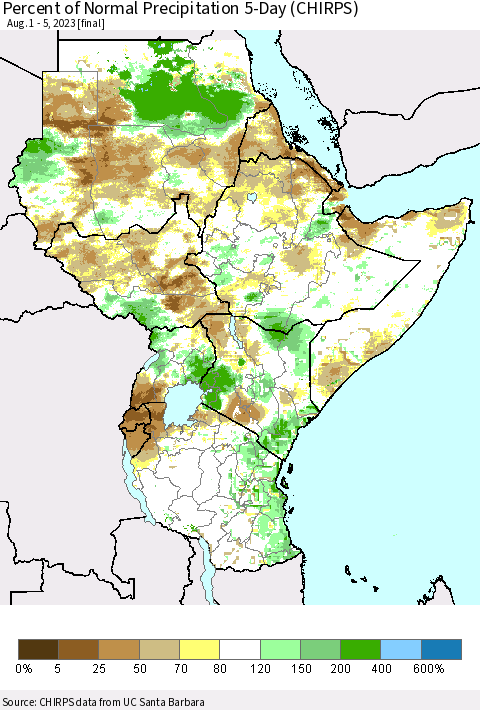 Eastern Africa Percent of Normal Precipitation 5-Day (CHIRPS) Thematic Map For 8/1/2023 - 8/5/2023