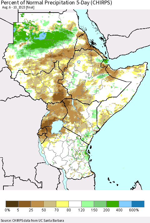 Eastern Africa Percent of Normal Precipitation 5-Day (CHIRPS) Thematic Map For 8/6/2023 - 8/10/2023