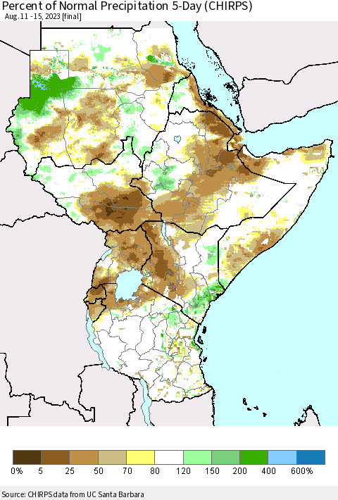 Eastern Africa Percent of Normal Precipitation 5-Day (CHIRPS) Thematic Map For 8/11/2023 - 8/15/2023