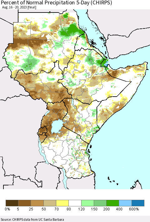 Eastern Africa Percent of Normal Precipitation 5-Day (CHIRPS) Thematic Map For 8/16/2023 - 8/20/2023