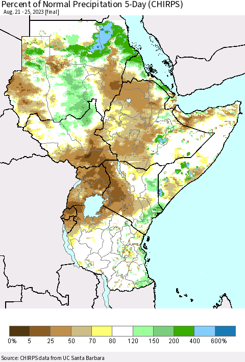Eastern Africa Percent of Normal Precipitation 5-Day (CHIRPS) Thematic Map For 8/21/2023 - 8/25/2023