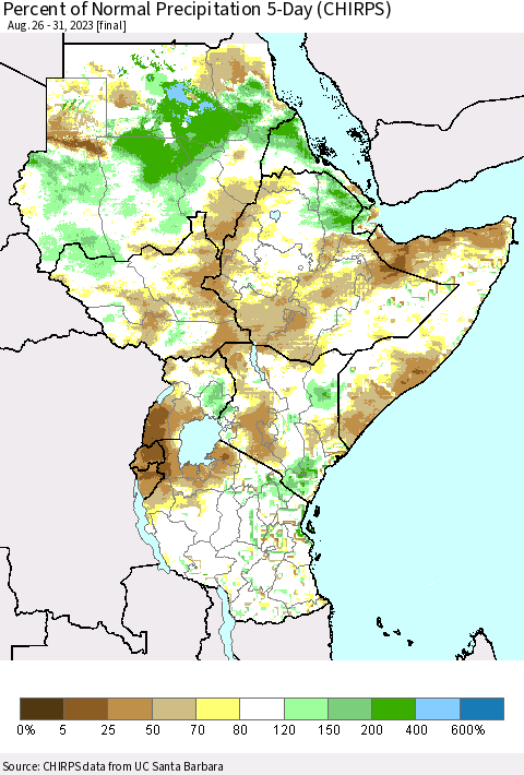 Eastern Africa Percent of Normal Precipitation 5-Day (CHIRPS) Thematic Map For 8/26/2023 - 8/31/2023