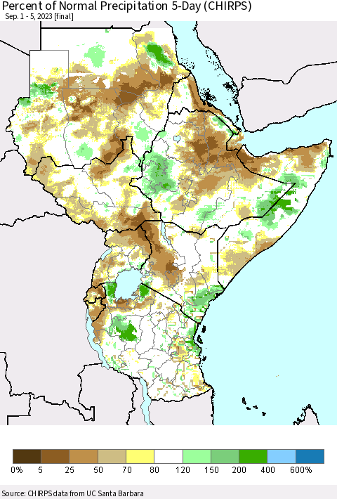 Eastern Africa Percent of Normal Precipitation 5-Day (CHIRPS) Thematic Map For 9/1/2023 - 9/5/2023