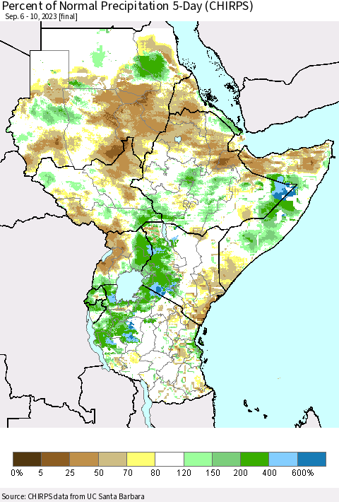 Eastern Africa Percent of Normal Precipitation 5-Day (CHIRPS) Thematic Map For 9/6/2023 - 9/10/2023