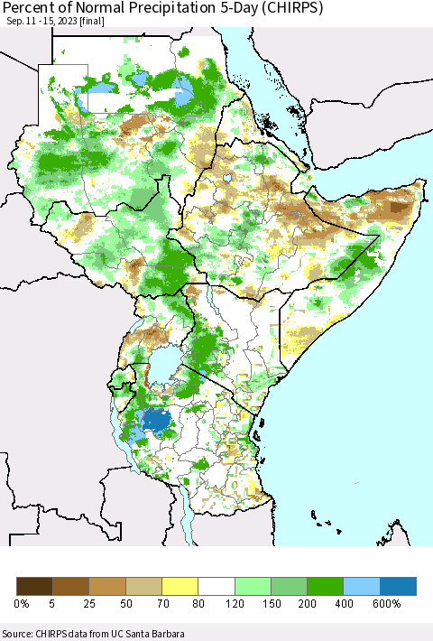 Eastern Africa Percent of Normal Precipitation 5-Day (CHIRPS) Thematic Map For 9/11/2023 - 9/15/2023