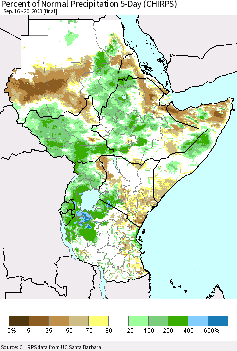 Eastern Africa Percent of Normal Precipitation 5-Day (CHIRPS) Thematic Map For 9/16/2023 - 9/20/2023