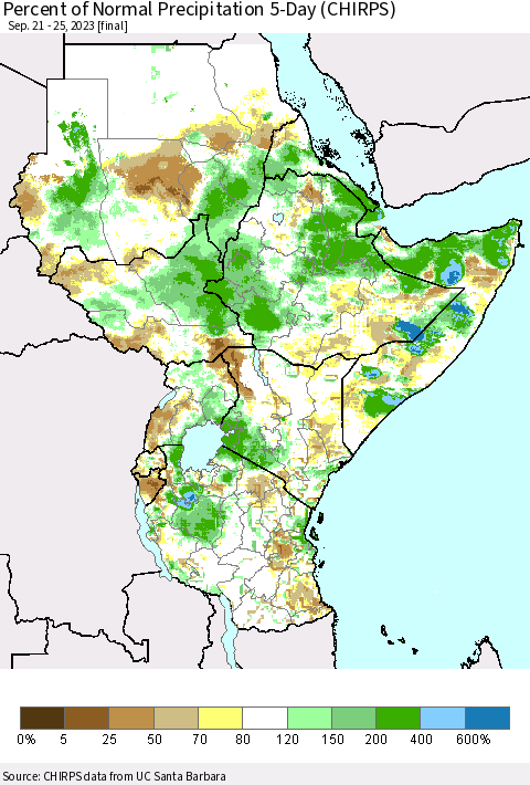 Eastern Africa Percent of Normal Precipitation 5-Day (CHIRPS) Thematic Map For 9/21/2023 - 9/25/2023