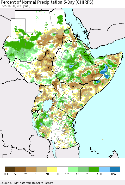 Eastern Africa Percent of Normal Precipitation 5-Day (CHIRPS) Thematic Map For 9/26/2023 - 9/30/2023