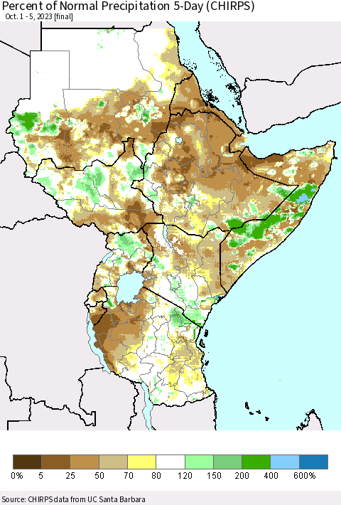 Eastern Africa Percent of Normal Precipitation 5-Day (CHIRPS) Thematic Map For 10/1/2023 - 10/5/2023