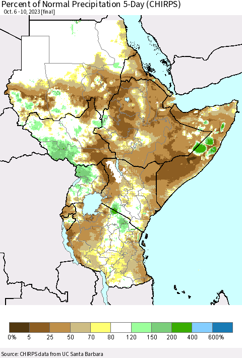 Eastern Africa Percent of Normal Precipitation 5-Day (CHIRPS) Thematic Map For 10/6/2023 - 10/10/2023