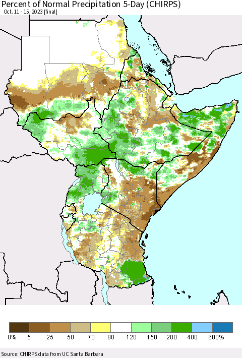 Eastern Africa Percent of Normal Precipitation 5-Day (CHIRPS) Thematic Map For 10/11/2023 - 10/15/2023