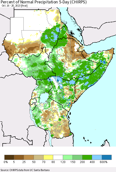 Eastern Africa Percent of Normal Precipitation 5-Day (CHIRPS) Thematic Map For 10/16/2023 - 10/20/2023
